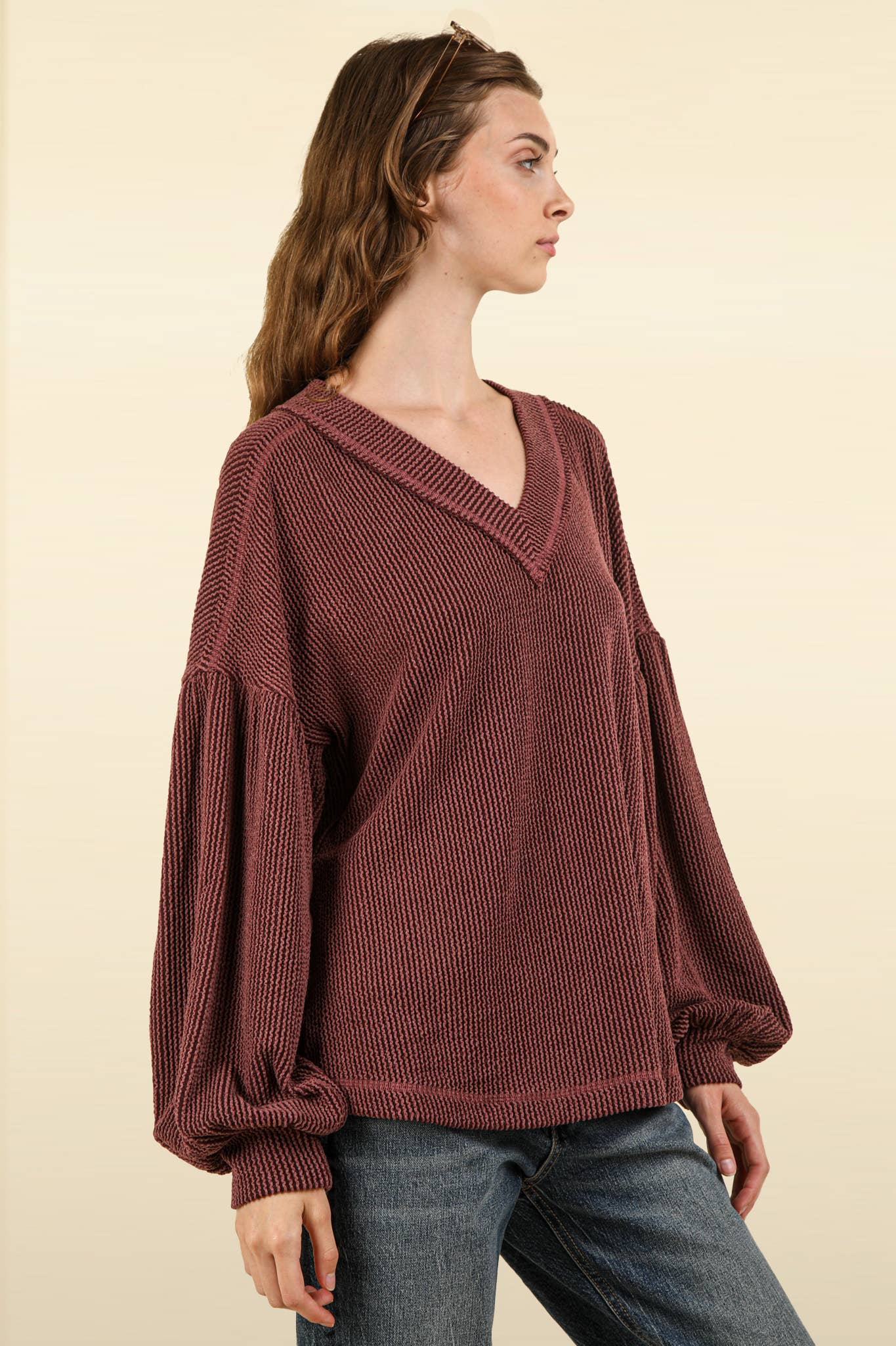 Two Tone Otto Ribbed V-Neck Oversized Knit Top