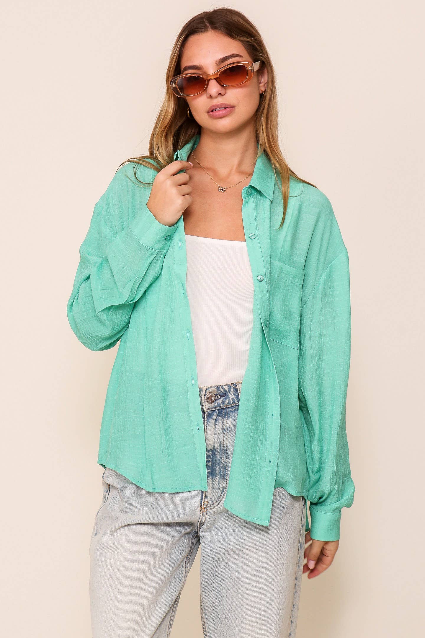 Poly Linen Button Down Top