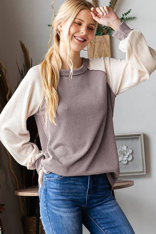 PUFF SLEEVE SOLID URBAN RIBBED COLOR BLOCK TOP