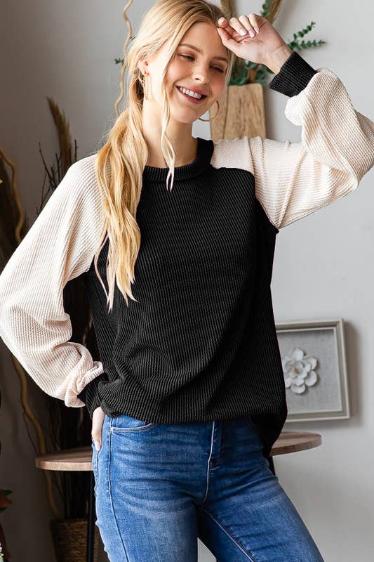 PUFF SLEEVE SOLID URBAN RIBBED COLOR BLOCK TOP