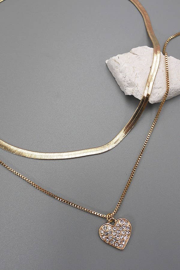 DOUBLE LAYER RHINE HEART HERRINGBONE NECKLACE | 10N3042805