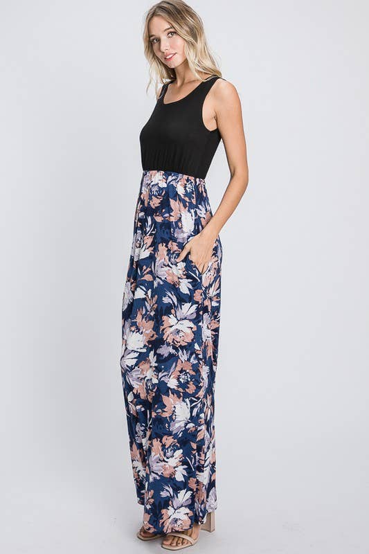 SOLID AND FLORAL MAXI DRESS