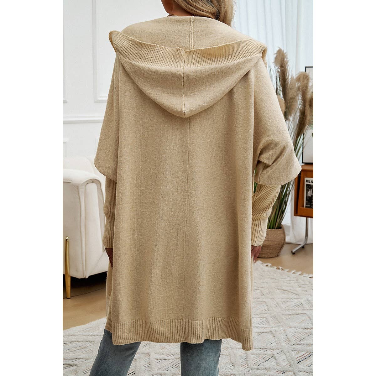 Knit Button Up Hood Lapel Bishop Sleeve Cardigan