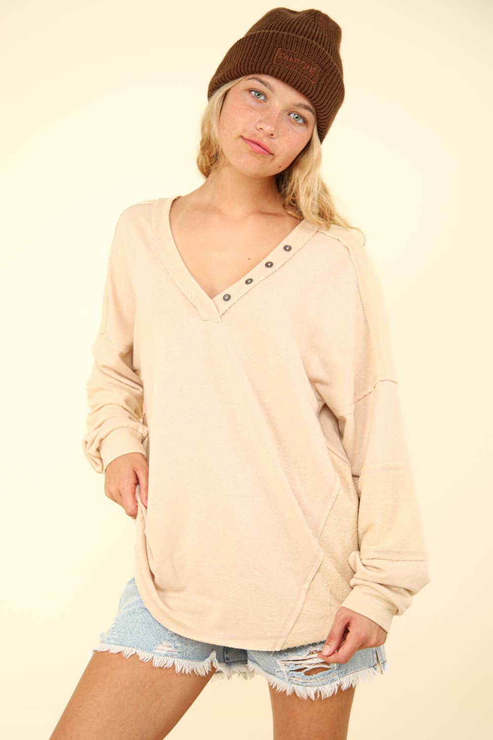 Washed Knit V-Neck Oversized Top