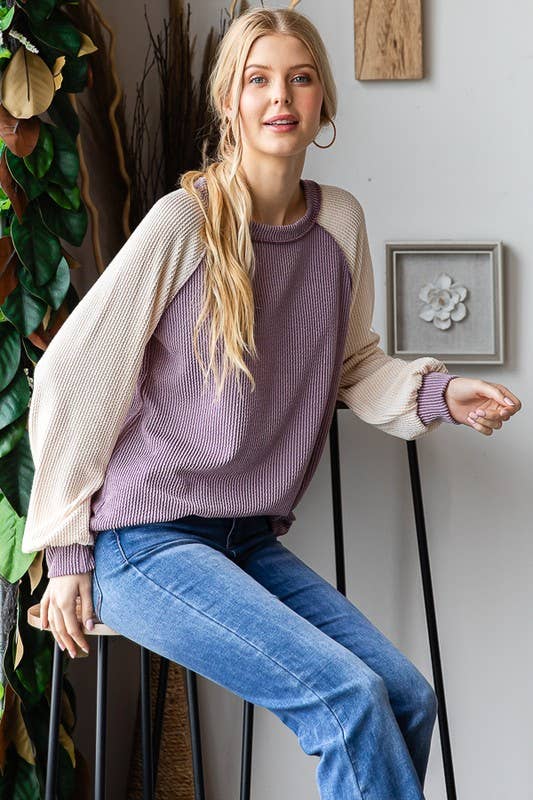 PUFF SLEEVE SOLID URBAN RIBBED COLOR BLOCK TOP