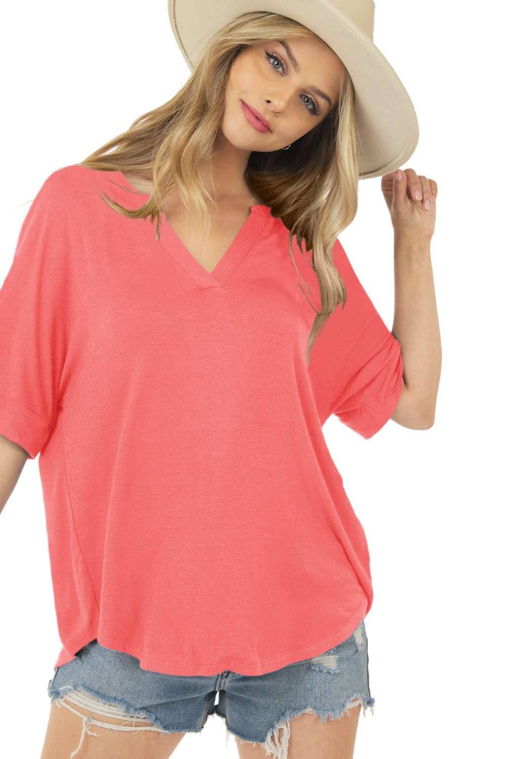 Basic Short Sleeve V Neck Top with Banded Sleeves