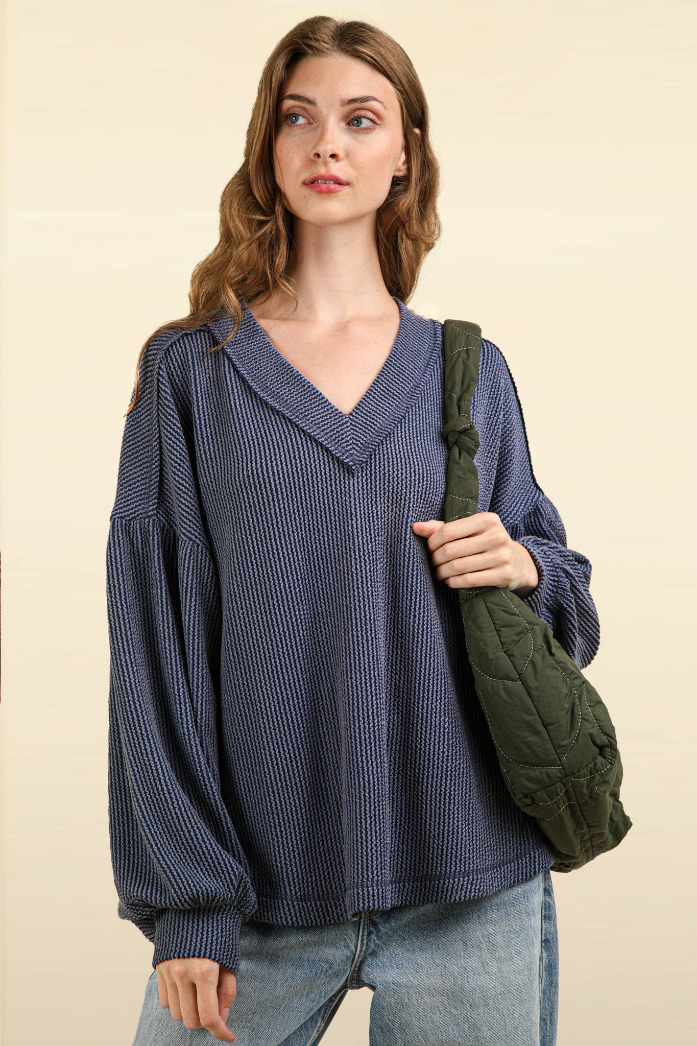 Two Tone Otto Ribbed V-Neck Oversized Knit Top