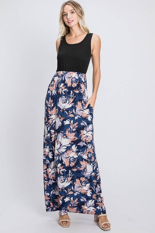 SOLID AND FLORAL MAXI DRESS