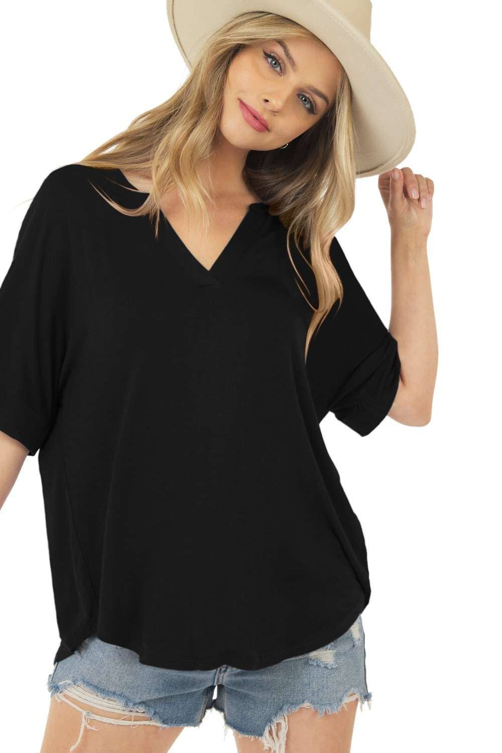 Basic Short Sleeve V Neck Top with Banded Sleeves