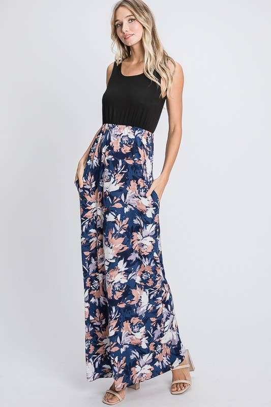 SOLID AND FLORAL MAXI DRESS