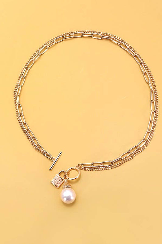 PEARL LOCK CHARM DOUBLE LAYER TOGGLE NECKLACE