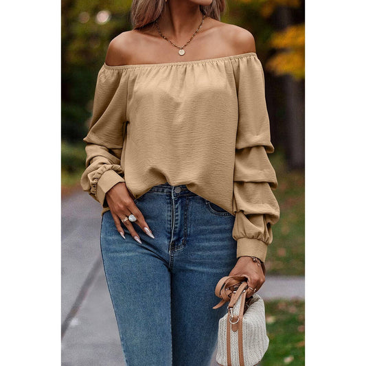 Off Shoulder Solid Ruched Sleeves Loose Fit Top