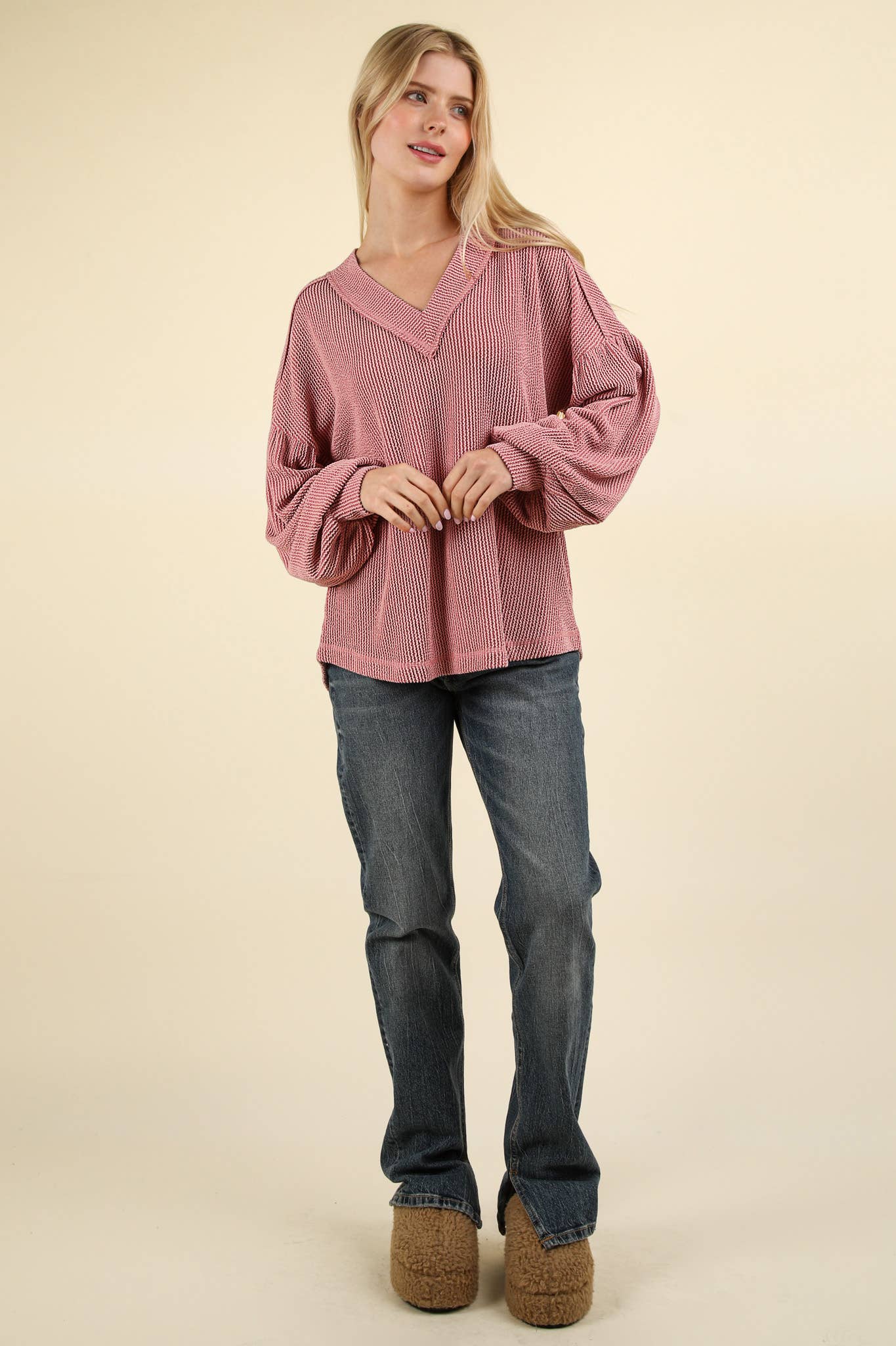 Two Tone Otto Ribbed V-Neck Oversized Knit Top