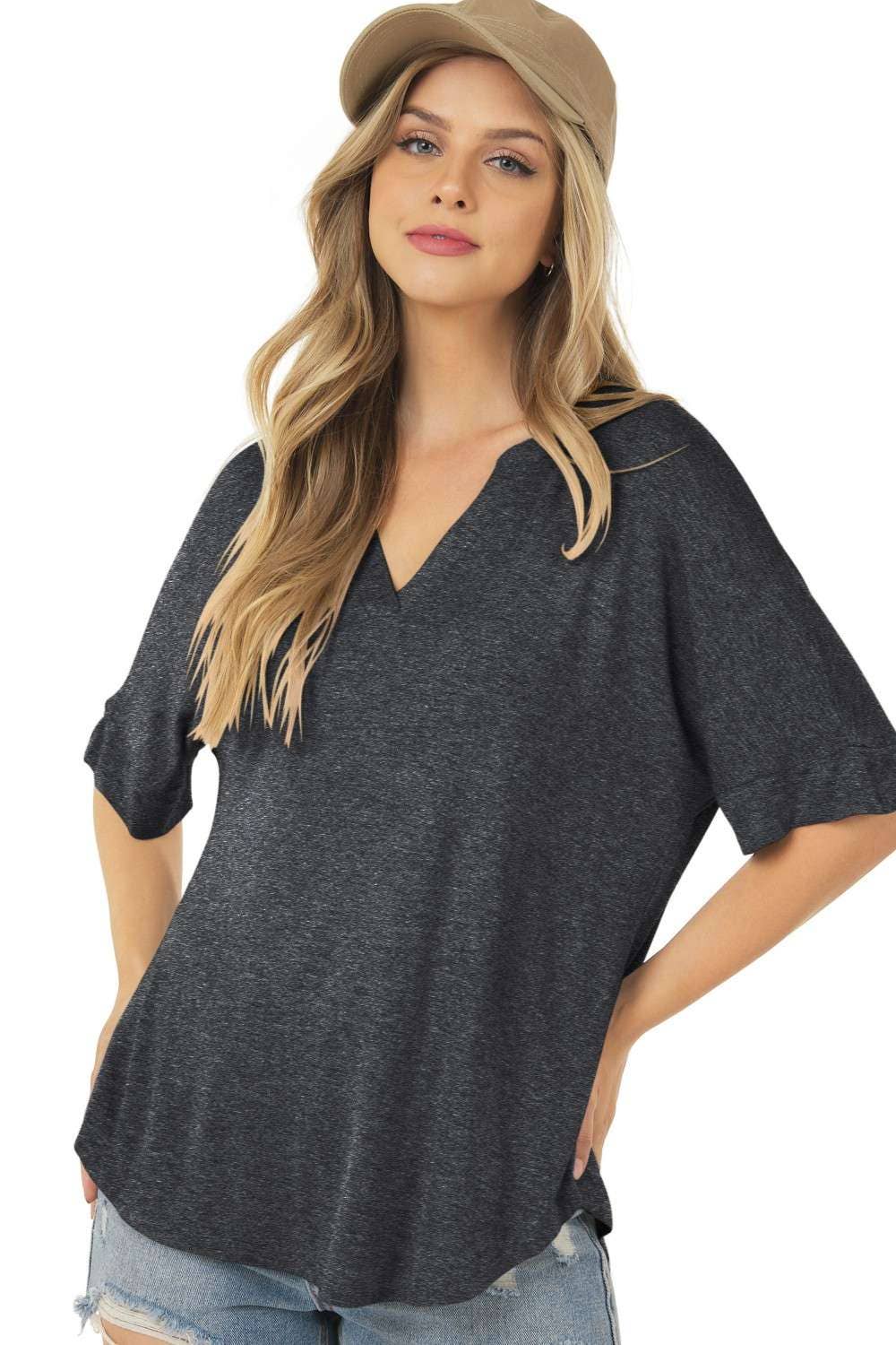 Basic Short Sleeve V Neck Top with Banded Sleeves