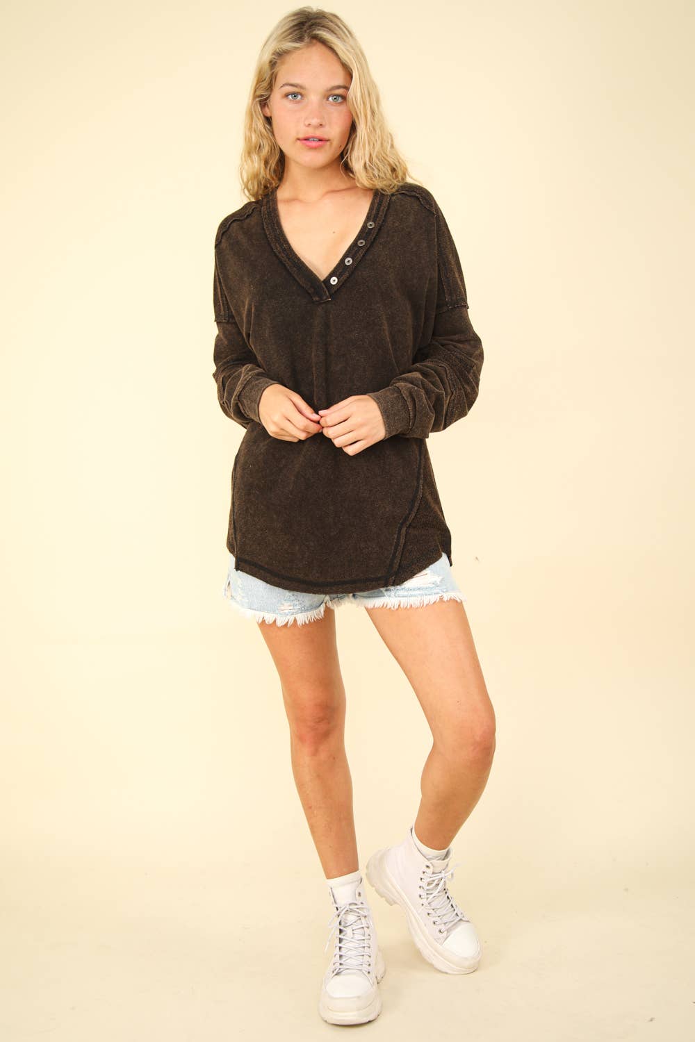 Washed Knit V-Neck Oversized Top