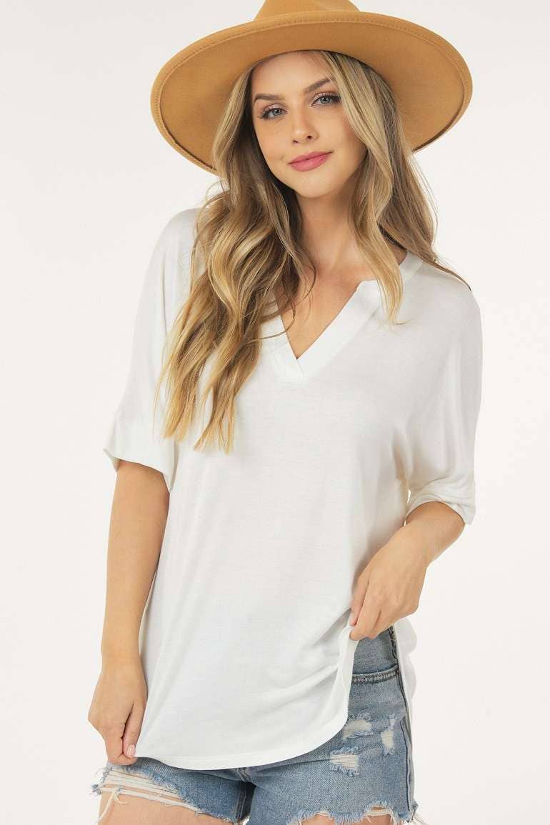 Basic Short Sleeve V Neck Top with Banded Sleeves