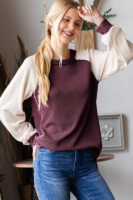 PUFF SLEEVE SOLID URBAN RIBBED COLOR BLOCK TOP