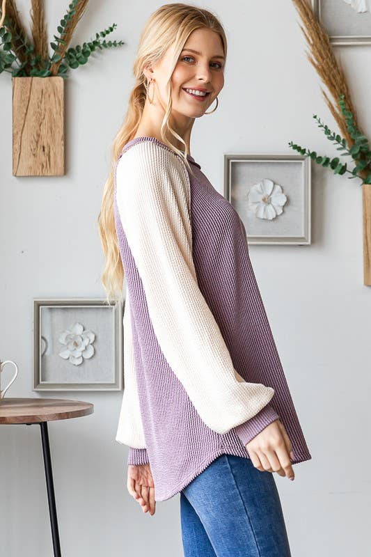 PUFF SLEEVE SOLID URBAN RIBBED COLOR BLOCK TOP