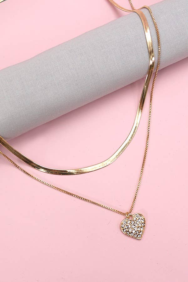 DOUBLE LAYER RHINE HEART HERRINGBONE NECKLACE | 10N3042805