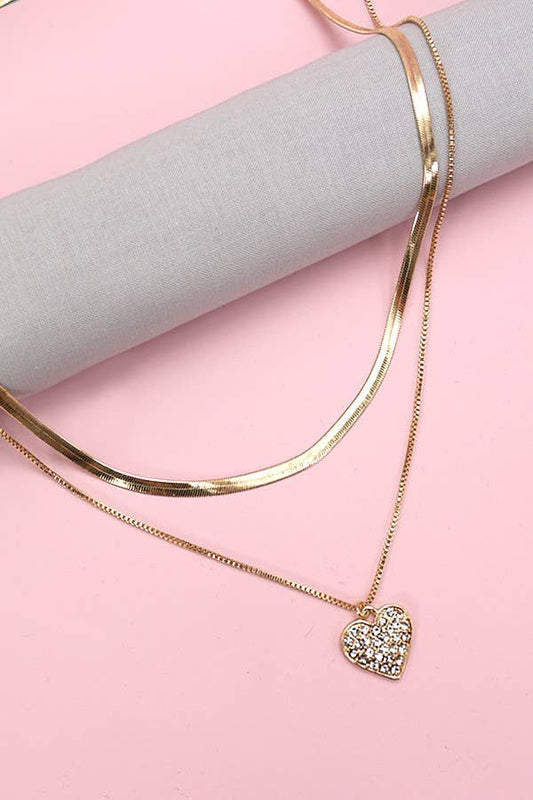 DOUBLE LAYER RHINE HEART HERRINGBONE NECKLACE | 10N3042805