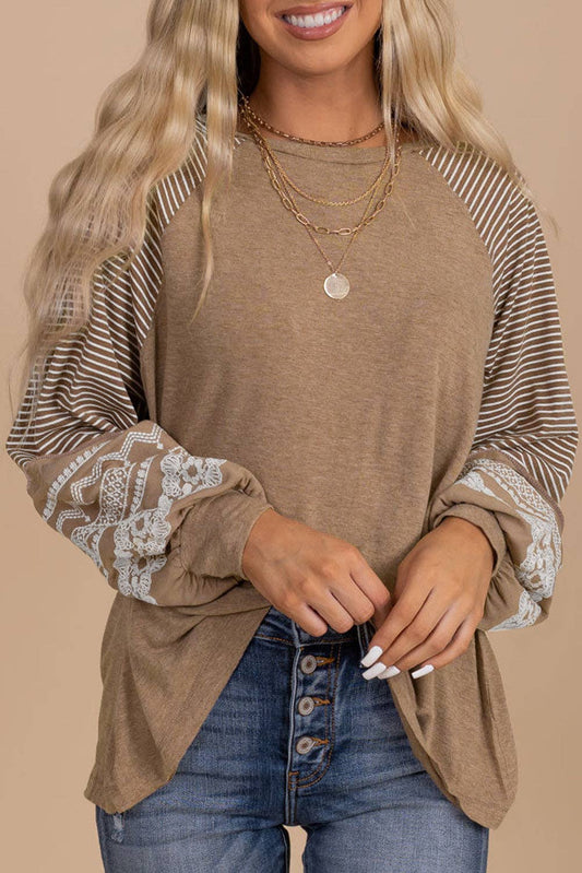 Floral Striped Patchwork Loose Long Sleeve Top